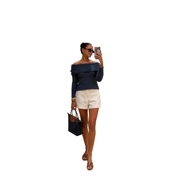 The Workshop Tops - The Workshop Off Shoulder Eyelash Knit Sweater Women’s Blue Fuzzy Soft Pullover